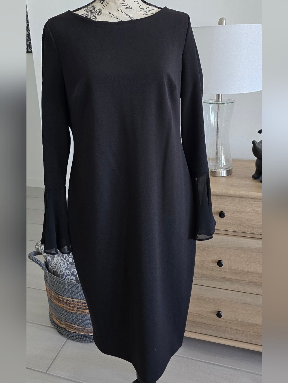 Calvin Klein Black Long-Sleeve Shift Dress with Fluted Cuffs